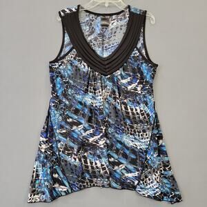 JTB Blue Black Sleeveless Tunic Shirt Stretch V-Neck Asymmetrical Hem Women's M